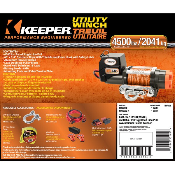 Keeper Utility Winch, 12V DC 4500lbs W/Integ. Sealed Solenoids